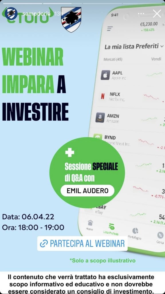 finanza audero eToro sponsor Sampdoria