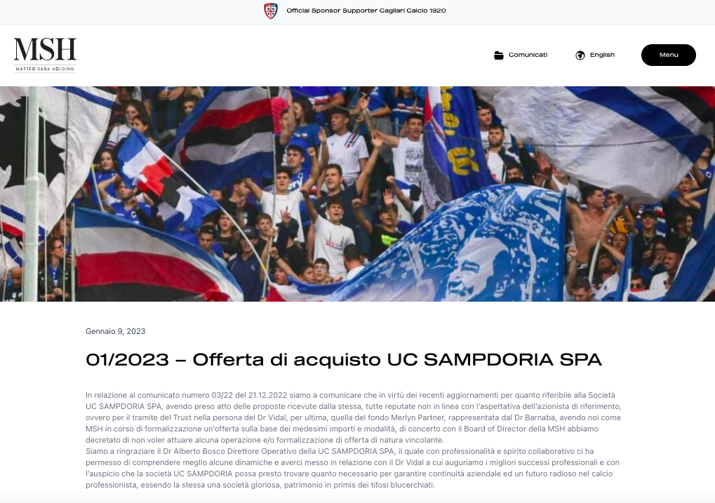 Cessione Sampdoria Matteo Saba Holding offerta