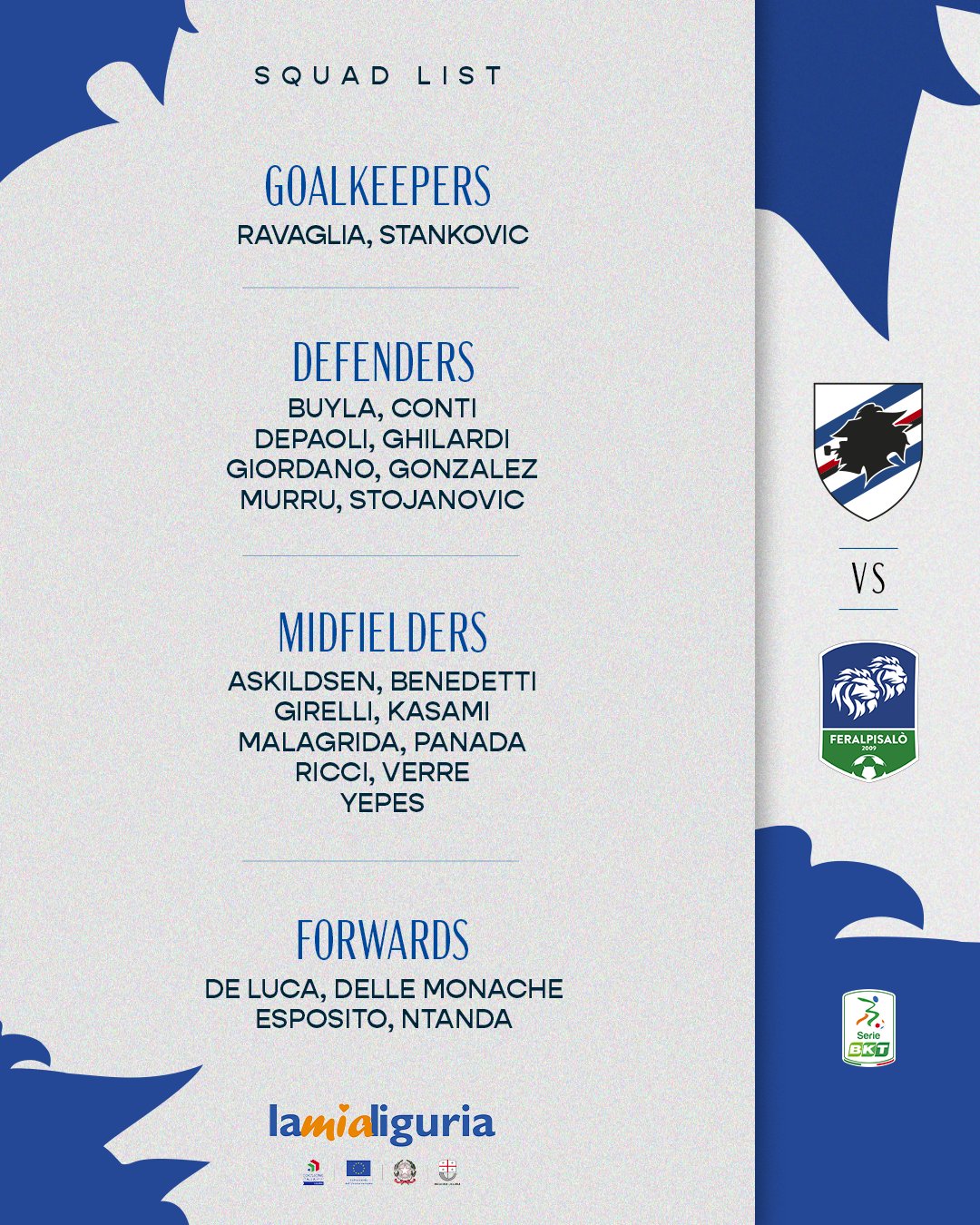 Convocati Sampdoria Feralpisalò Pirlo attaccante