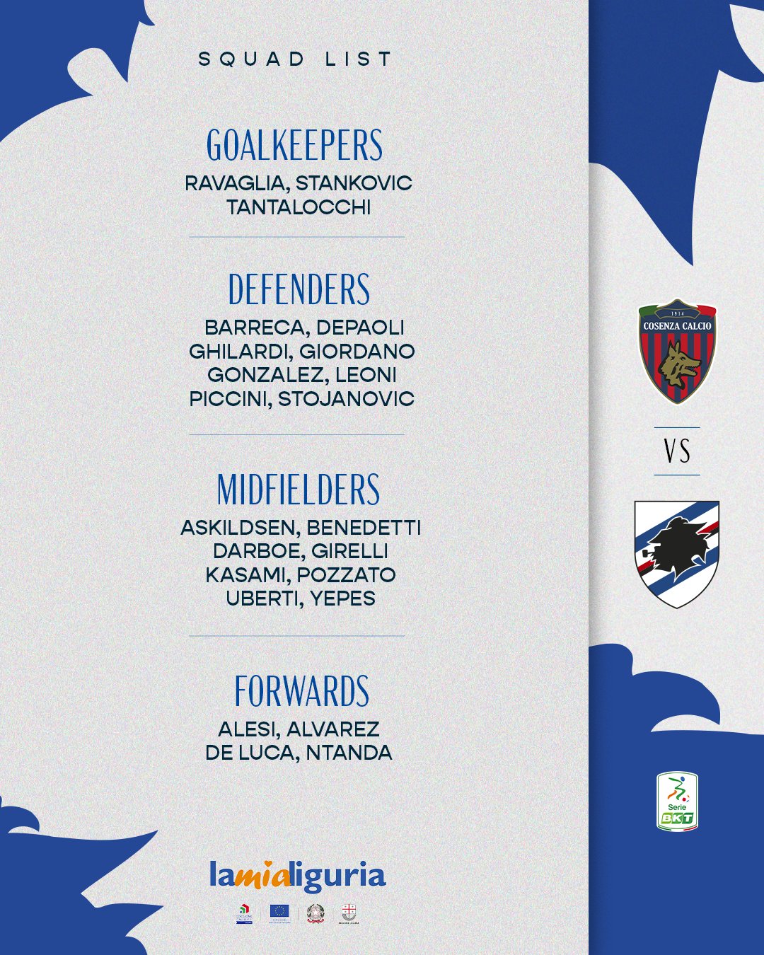 Convocati Cosenza Sampdoria Pirlo Verre