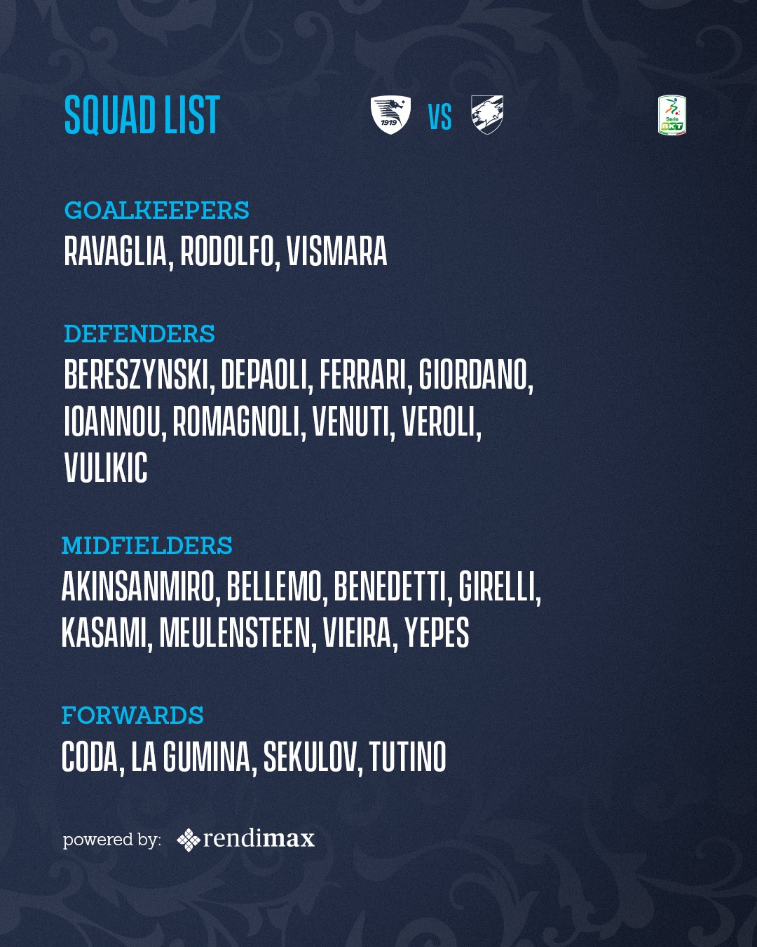 Convocati Salernitana Sampdoria Pirlo Barreca Ricci
