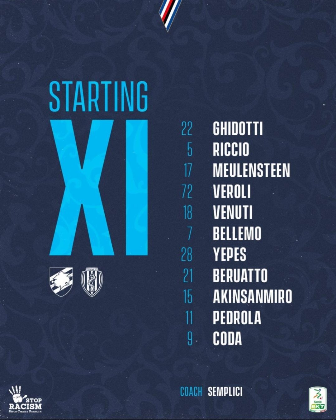 FORMAZIONE UFFICIALE Sampdoria Cesena Semplici Beruatto Pedrola