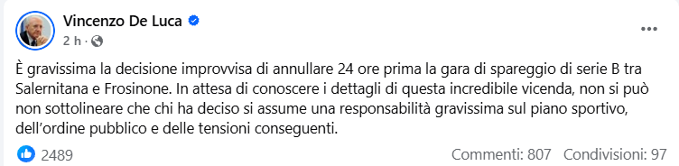 Serie Bkt De Luca rinvio playout Salernitana