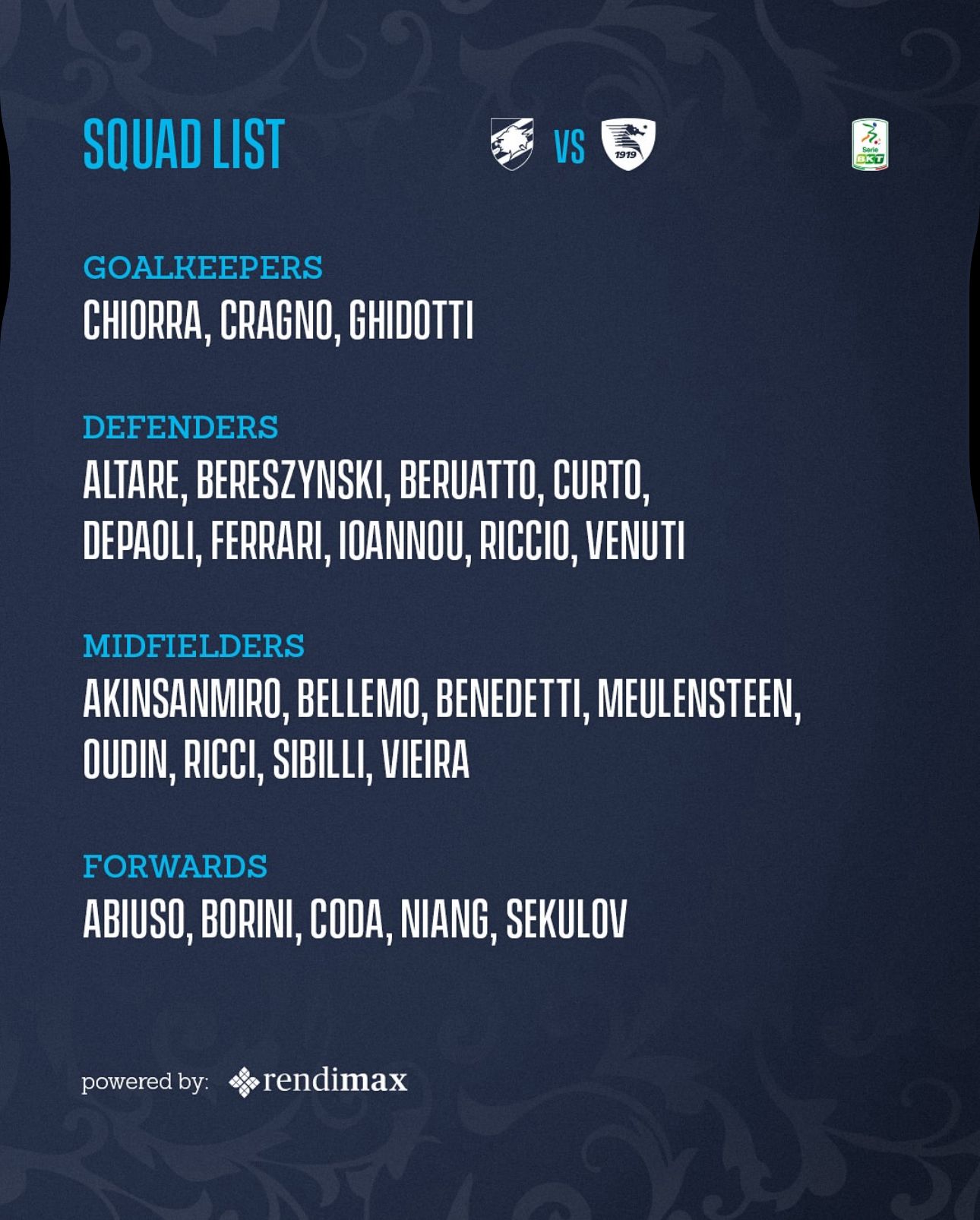 Convocati Sampdoria Salernitana Evani Ioannou Veroli