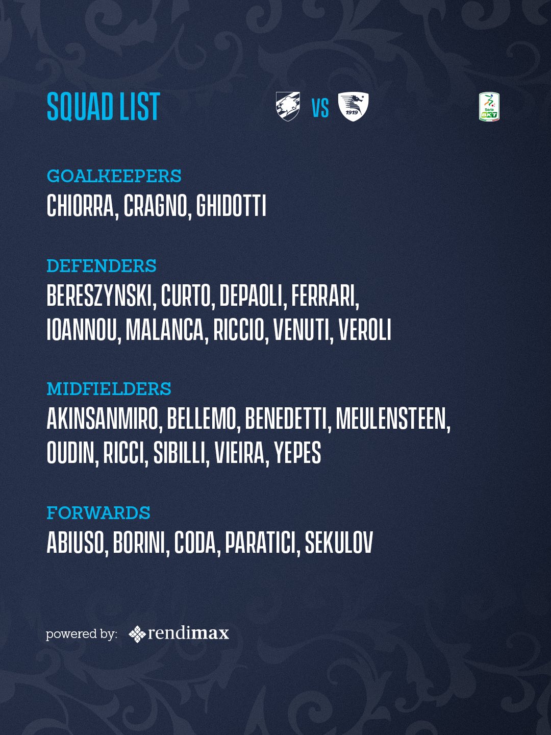 Convocati Sampdoria Salernitana Alberico Evani