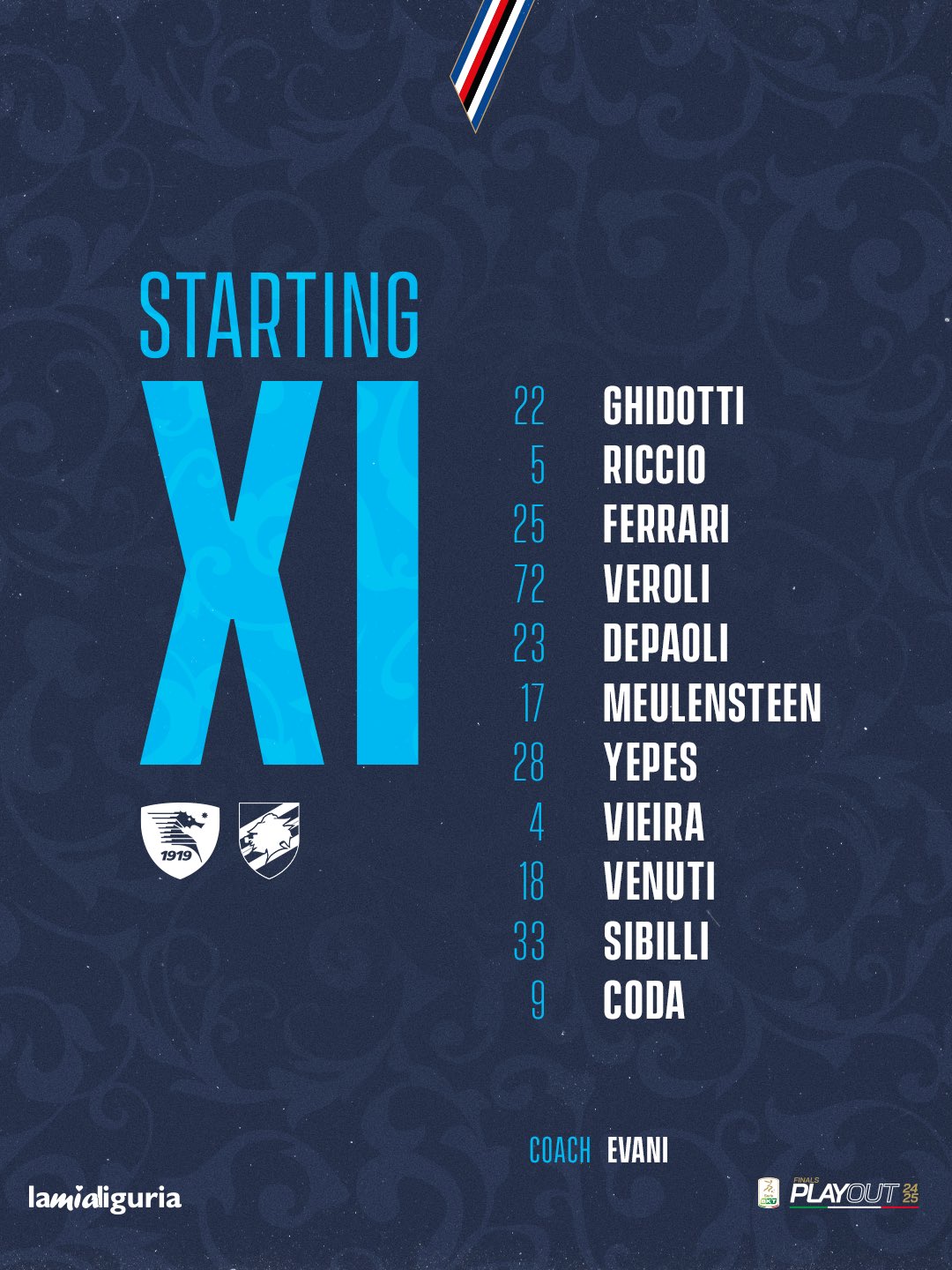 Formazione ufficiale Salernitana Sampdoria Evani Pio Riccio Sibilli Coda