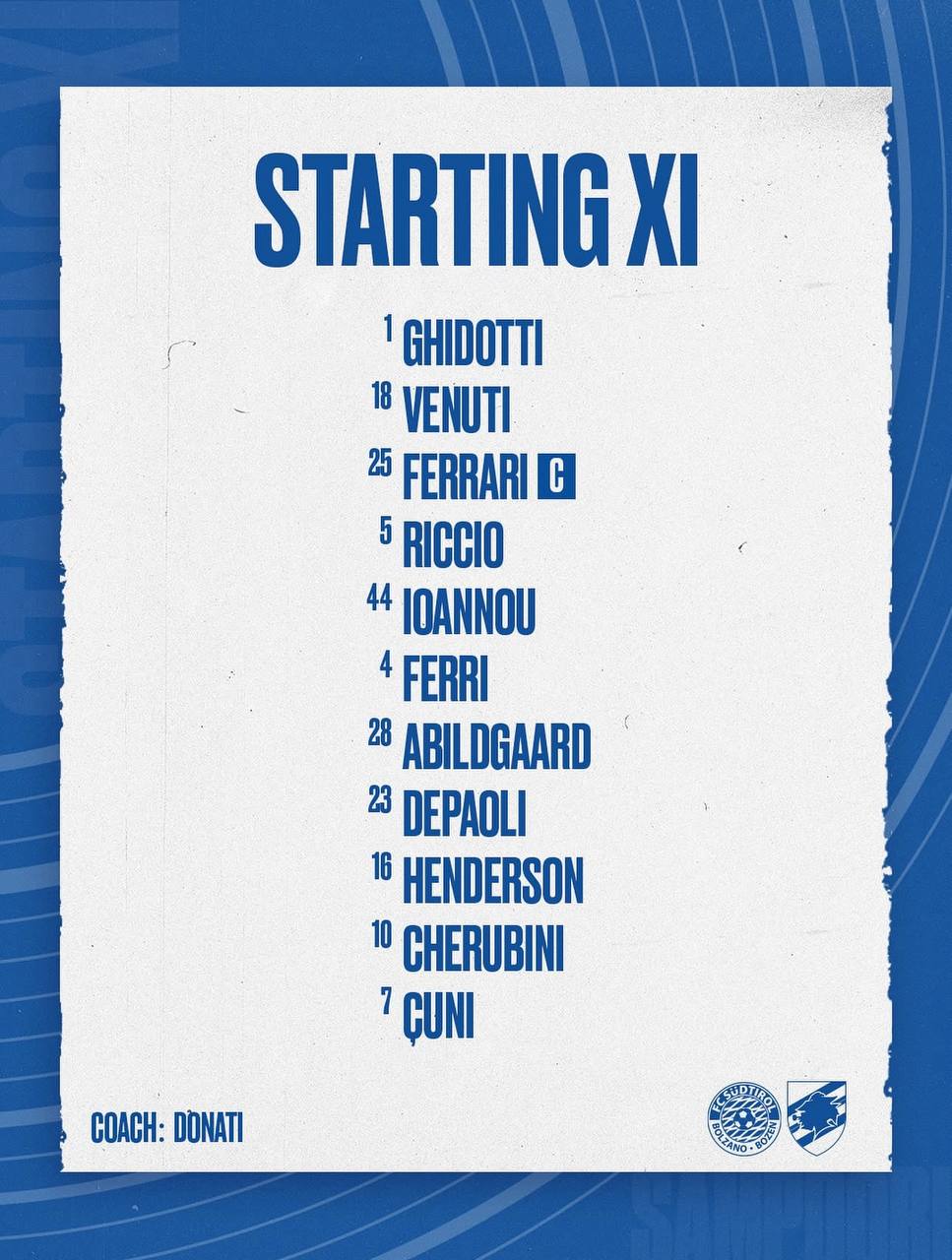 Formazione ufficiale Sudtirol Sampdoria Massimo Donati Massimo Coda