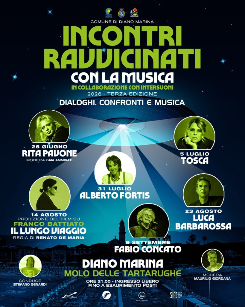 Diano Marina, ritorna Incontri Ravvicinati con la Musica: da Tosca ad Alberto Fortis fino a Rita Pavone, Barbarossa e Concato. Il programma Deiva Marina Incontri Ravvicinati Musica Tosca Fortis Pavone