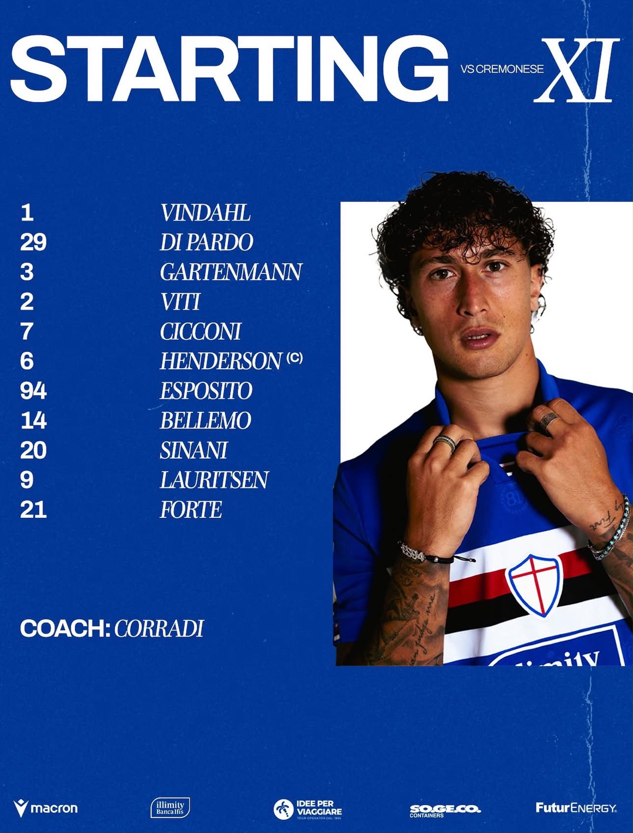 Formazione ufficiale Cremonese Sampdoria Vindahl